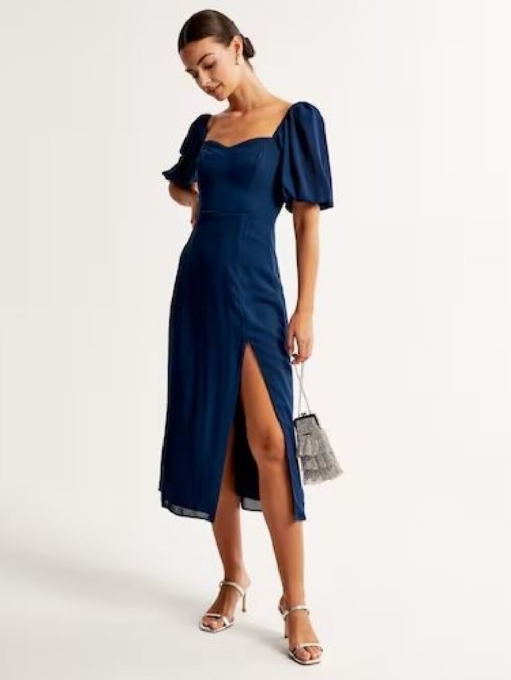 Abercrombie & Fitch Camille Puff Sleeve Midi Dress Navy Blue Slit Sz SP Cottage
